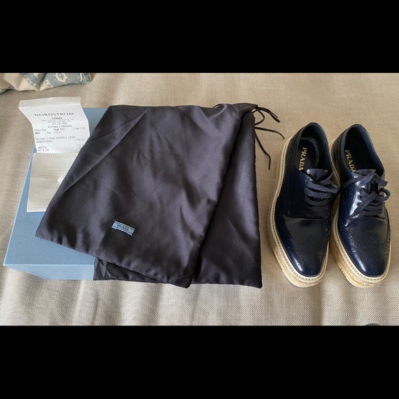 PRADA NAVY PATENT LEATHER YELLOW MICROSOLE PLATFORM ESPADRILLE BROGUES - Picture 1 of 11